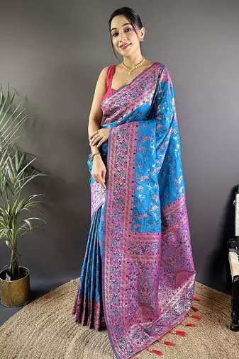 skyblue color flower zari weaves banarasi katan silk saree