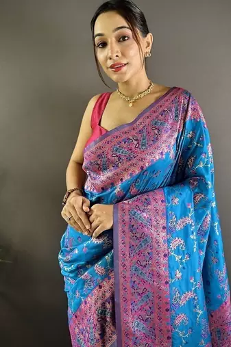skyblue color flower zari weaves banarasi katan silk blend saree