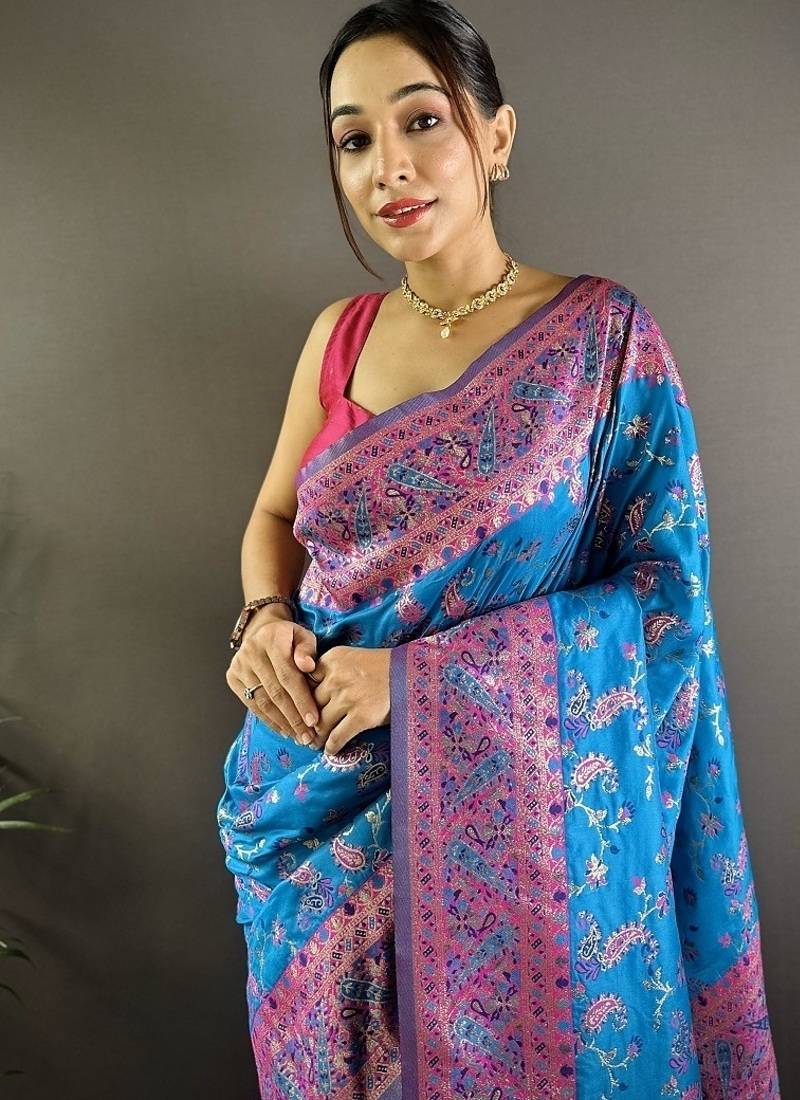 skyblue color flower zari weaves banarasi katan silk saree
