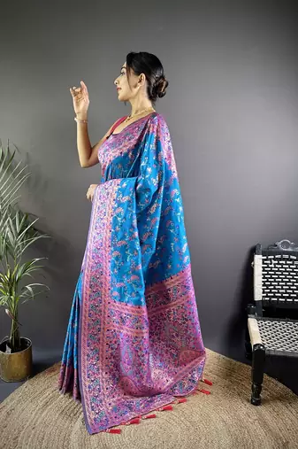 skyblue color flower zari weaves banarasi katan silk blend saree
