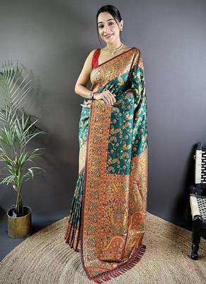 green color flower zari weaves banarasi katan silk blend saree 1