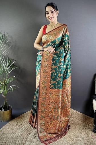 green color flower zari weaves banarasi katan silk saree