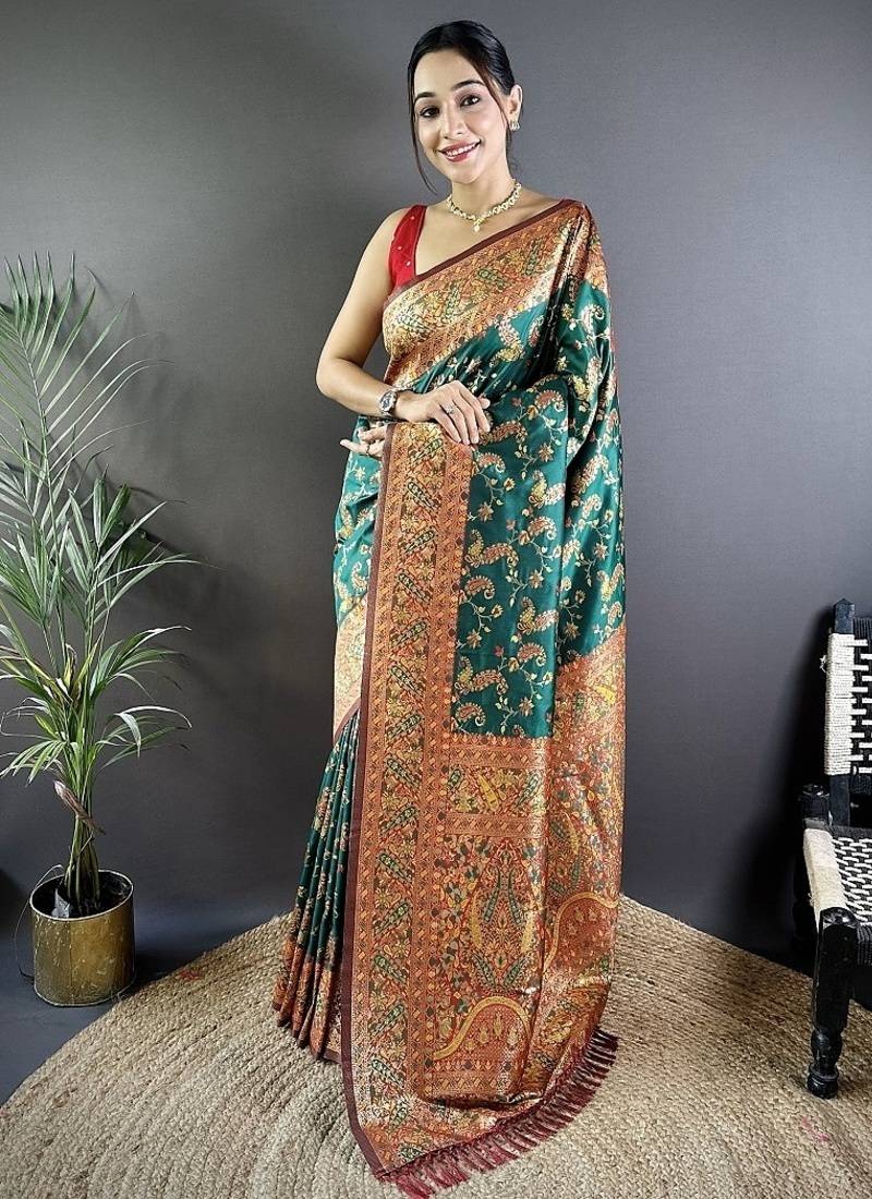 green color flower zari weaves banarasi katan silk saree