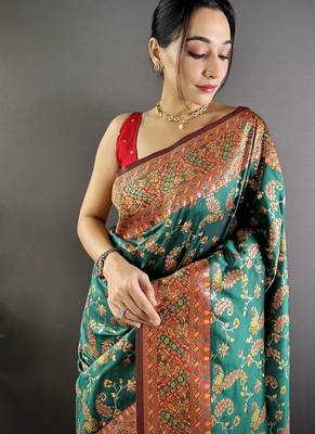 green color flower zari weaves banarasi katan silk blend saree 2