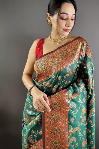 green color flower zari weaves banarasi katan silk blend saree