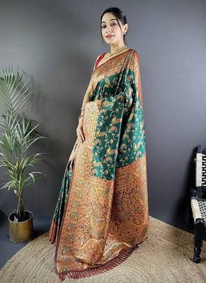 green color flower zari weaves banarasi katan silk blend saree 3