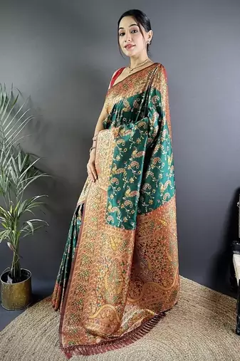 green color flower zari weaves banarasi katan silk blend saree