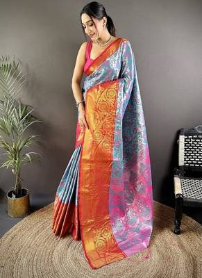 sky blue & red woven zari work kanjivaram tissue art silk blend saree 1