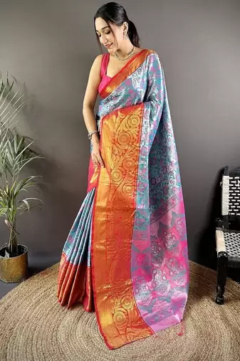 sky blue  & red color woven zari work kanjivaram tissue art silk saree