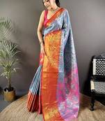 sky blue  & red color woven zari work kanjivaram tissue art silk saree