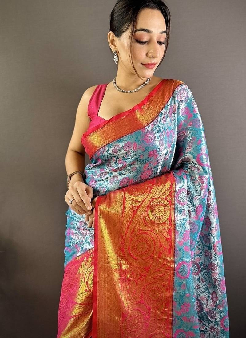 sky blue  & red color woven zari work kanjivaram tissue art silk saree