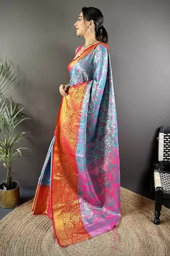 sky blue  & red color woven zari work kanjivaram tissue art silk blend saree