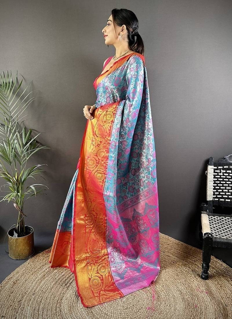 sky blue  & red color woven zari work kanjivaram tissue art silk saree
