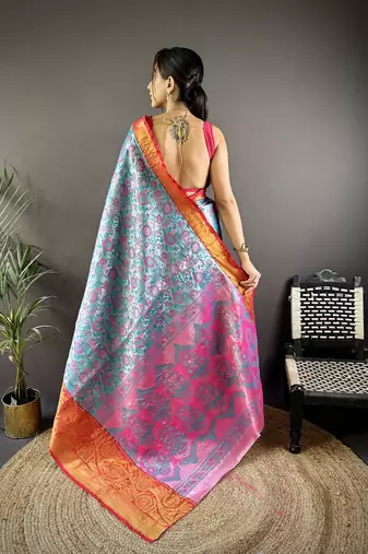 sky blue  & red color woven zari work kanjivaram tissue art silk blend saree