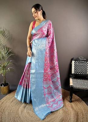 pink & sky blue  color woven zari work kanjivaram tissue art silk blend saree 1