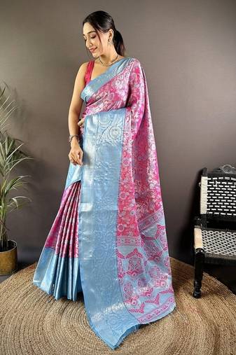 pink & sky blue  color woven zari work kanjivaram tissue art silk saree