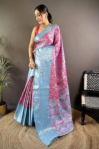 pink & sky blue  color woven zari work kanjivaram tissue art silk saree
