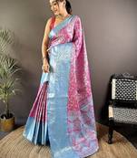 pink & sky blue  color woven zari work kanjivaram tissue art silk saree