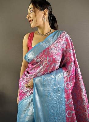 pink & sky blue  color woven zari work kanjivaram tissue art silk blend saree 2