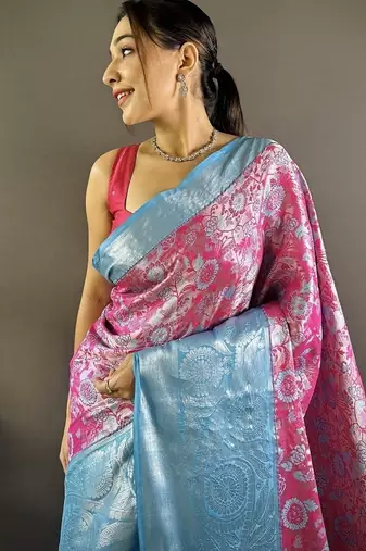pink & sky blue  color woven zari work kanjivaram tissue art silk blend saree