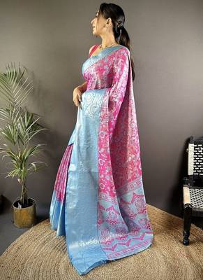 pink & sky blue  color woven zari work kanjivaram tissue art silk blend saree 3