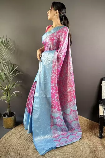pink & sky blue  color woven zari work kanjivaram tissue art silk blend saree
