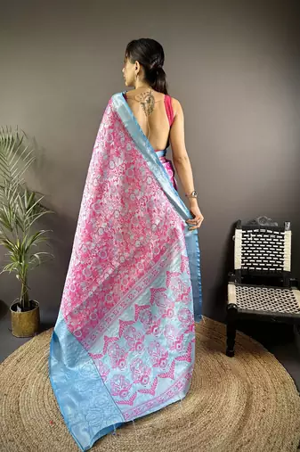 pink & sky blue  color woven zari work kanjivaram tissue art silk blend saree