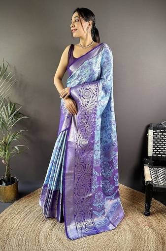 sky blue  & blue color woven zari work kanjivaram tissue art silk saree