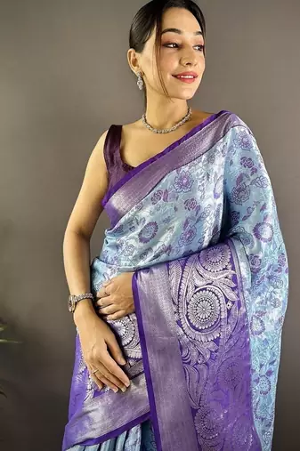 sky blue  & blue color woven zari work kanjivaram tissue art silk blend saree