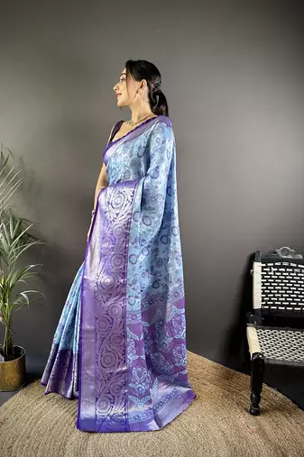 sky blue  & blue color woven zari work kanjivaram tissue art silk blend saree