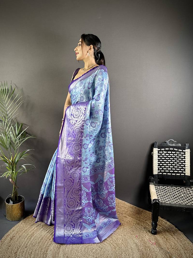 sky blue  & blue color woven zari work kanjivaram tissue art silk saree