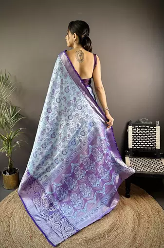 sky blue  & blue color woven zari work kanjivaram tissue art silk blend saree