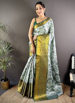 green color woven zari work kanjivaram tissue art silk blend saree 1
