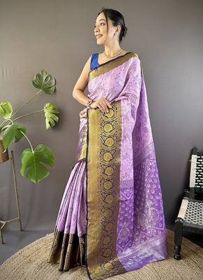 light levender & brown woven zari work kanjivaram tissue art silk blend saree 1