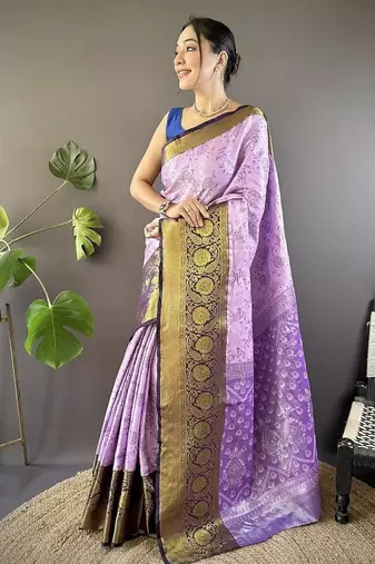 light levender & brown color woven zari work kanjivaram tissue art silk saree