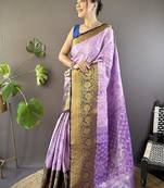light levender & brown color woven zari work kanjivaram tissue art silk saree