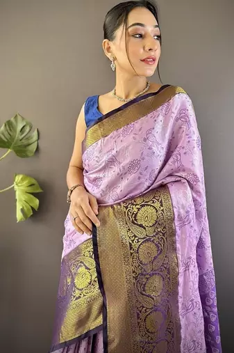 light levender & brown color woven zari work kanjivaram tissue art silk blend saree
