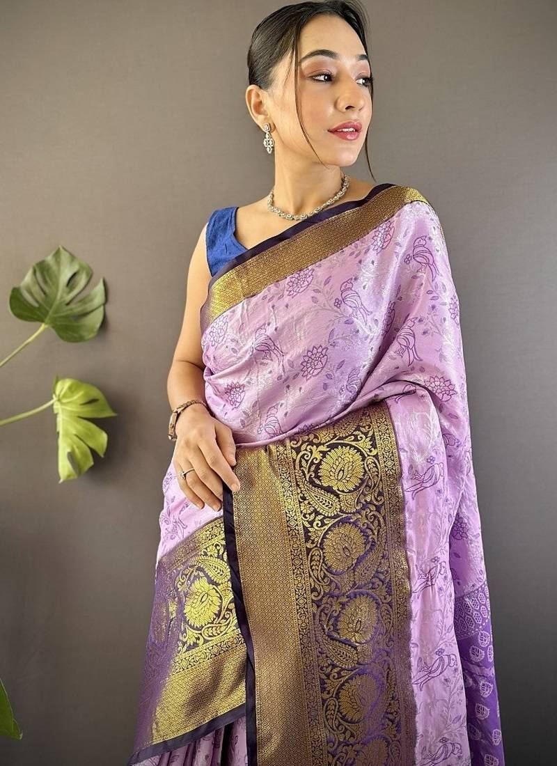 light levender & brown color woven zari work kanjivaram tissue art silk saree