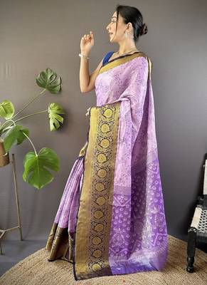 light levender & brown woven zari work kanjivaram tissue art silk blend saree 3