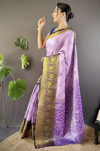 light levender & brown color woven zari work kanjivaram tissue art silk blend saree