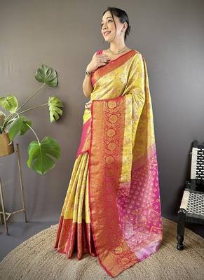 yellow & pink color woven zari work kanjivaram tissue art silk blend saree 1