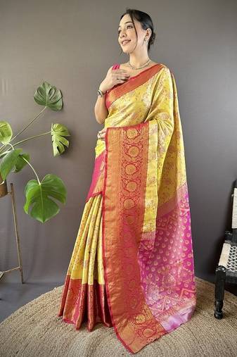 yellow & pink color woven zari work kanjivaram tissue art silk saree
