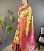 yellow & pink color woven zari work kanjivaram tissue art silk saree