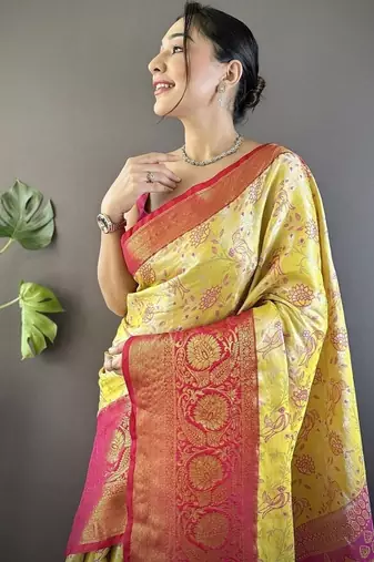 yellow & pink color woven zari work kanjivaram tissue art silk blend saree
