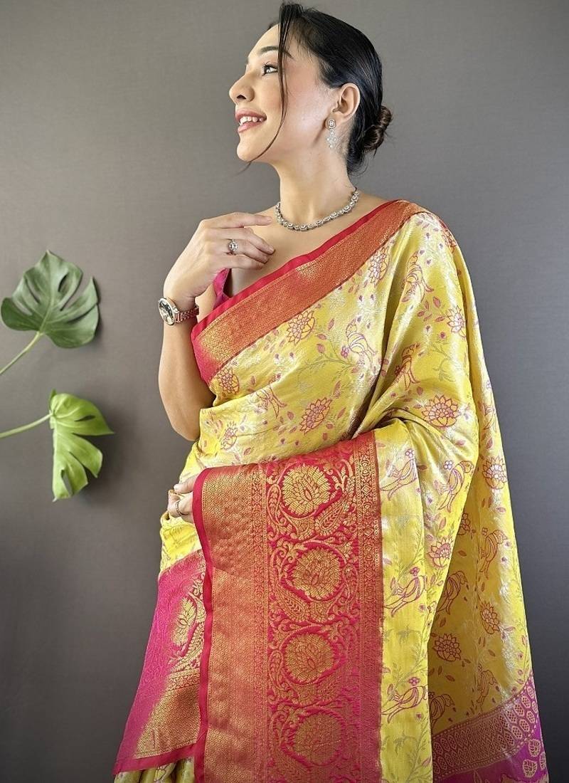 yellow & pink color woven zari work kanjivaram tissue art silk saree
