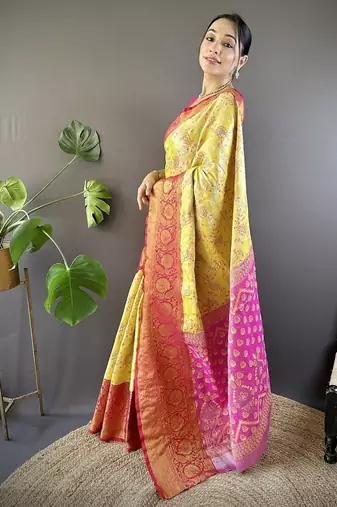 yellow & pink color woven zari work kanjivaram tissue art silk blend saree