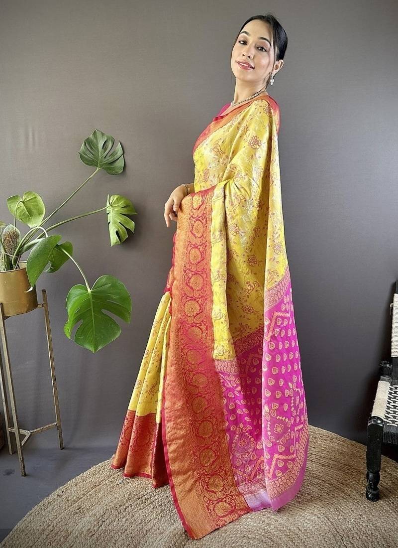 yellow & pink color woven zari work kanjivaram tissue art silk saree