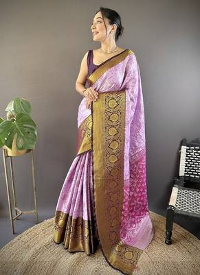 pink & brown color woven zari work kanjivaram tissue art silk blend saree 1
