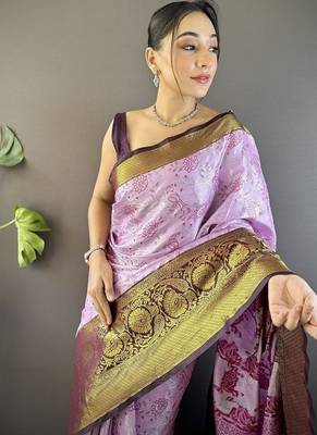 pink & brown color woven zari work kanjivaram tissue art silk blend saree 2