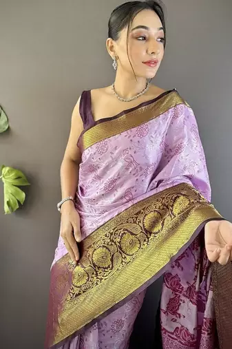 pink & brown color woven zari work kanjivaram tissue art silk blend saree